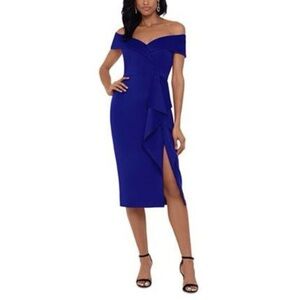 NWT Xscape Womens Marine Blue Scuba Ruffle Slit Off Shoulder Sheath Dress Size 4